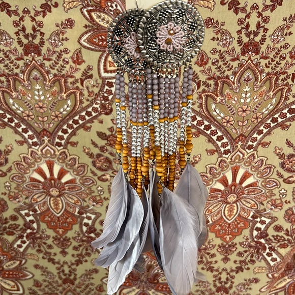 NWT Boutique long feather earrings in lavender and wood and silver—stunning - Picture 2 of 7
